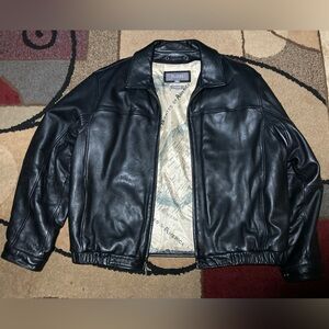 Vintage Wilsons Leather Jacket Black Collared Map Lined Full Zip Bomber Size XL